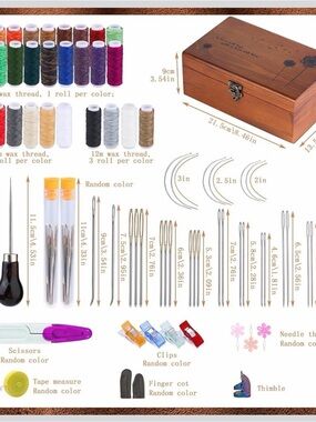 Leather sewing kit with wooden box
